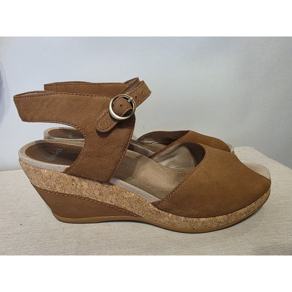 Dansko Tan Suede Open Toe Ankle Strap Slingback Wedge Cork Heel Clog Sandal-42